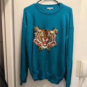 Fashion Nova Men XL Teal Sweater with Tiger Embroidery